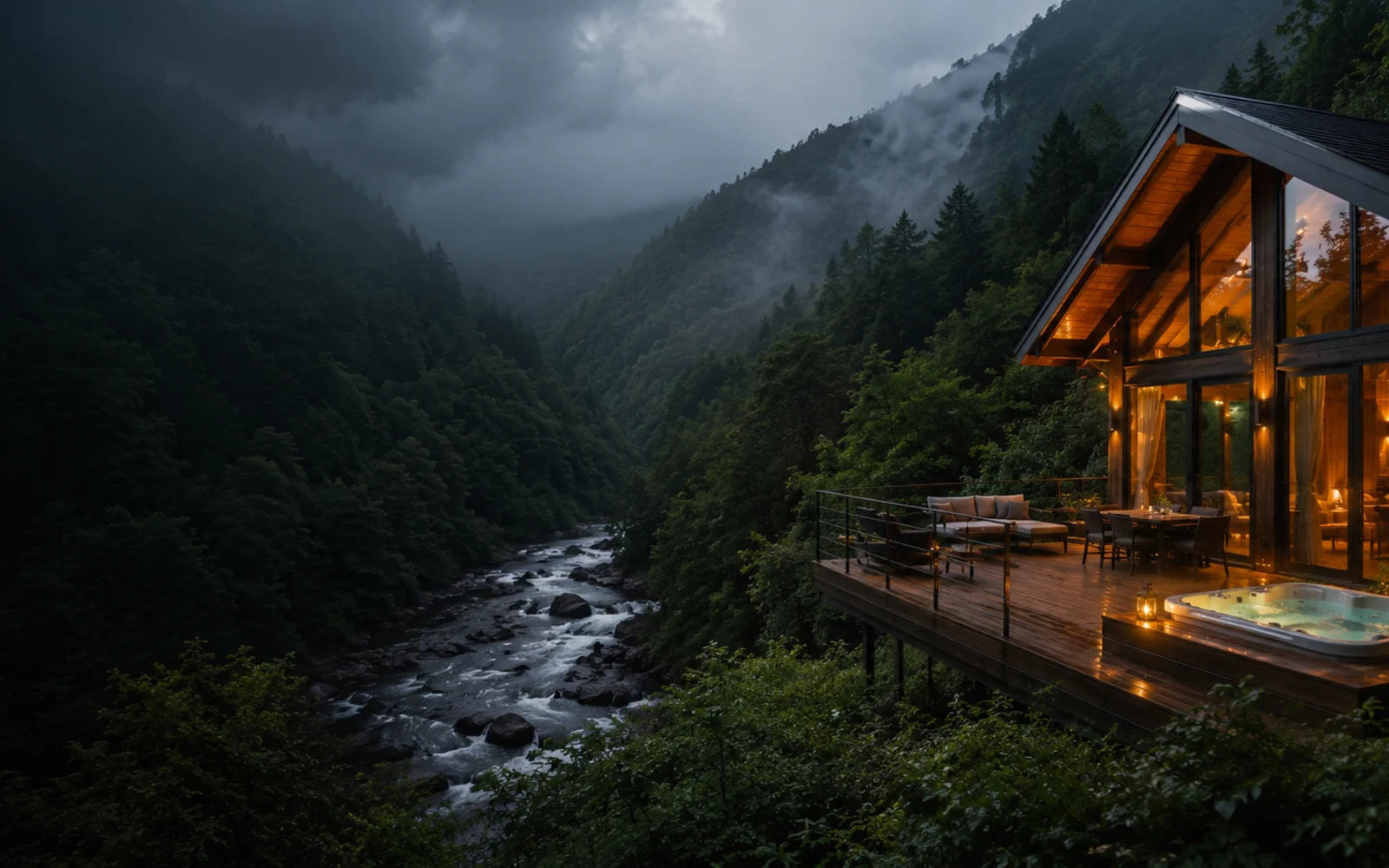 Rize'de dağ ve dere manzarası içinde ahşap bungalov
