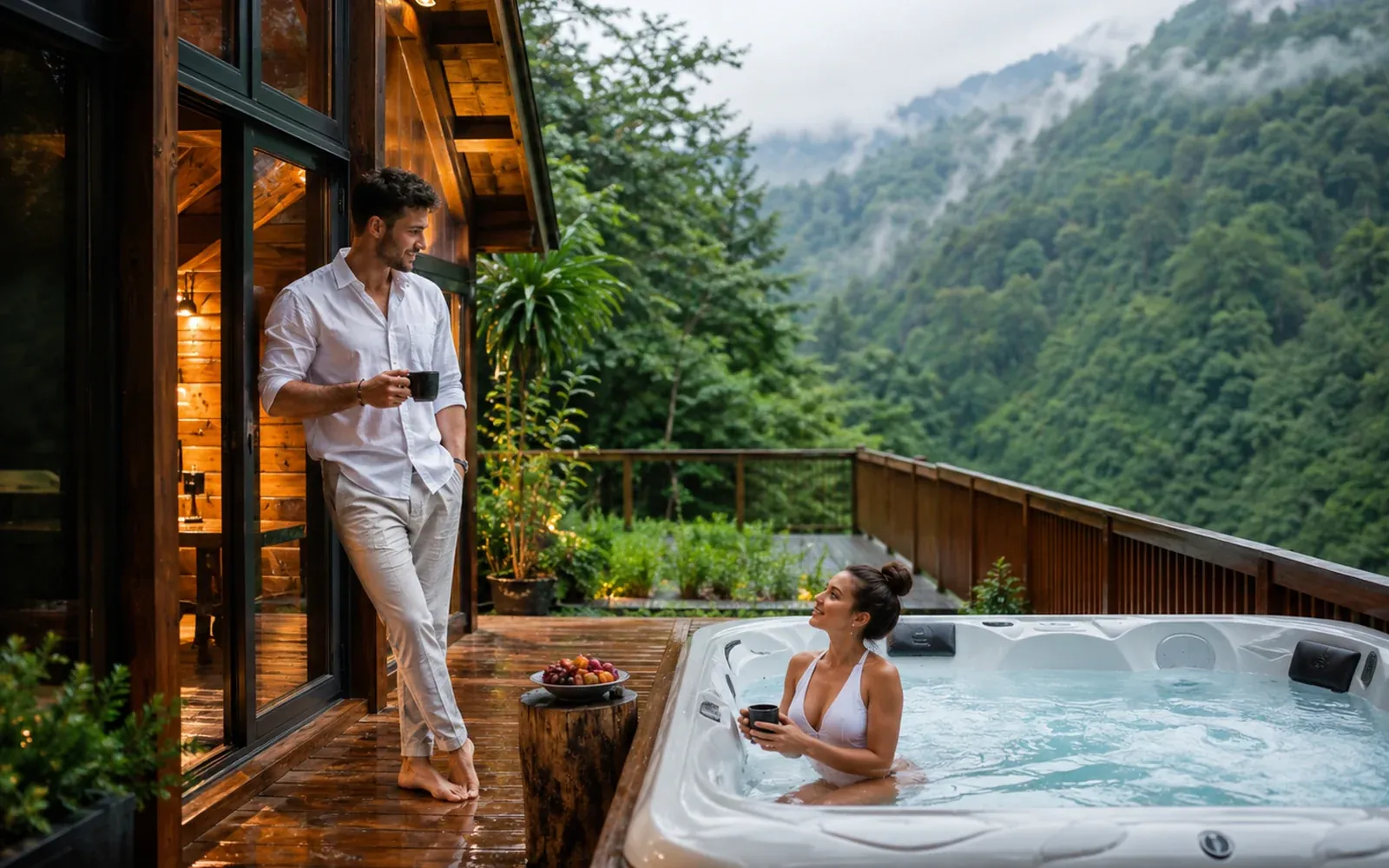 Rize jakuzili bungalovda özel jakuzi kullanan çift